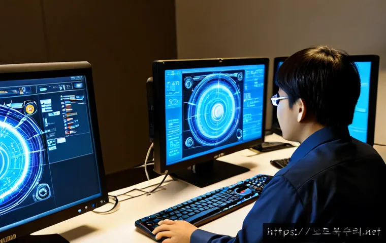 하면 STATUS_ILLEGAL_INSTRUCTION - Photorealistic IT support workstation, frustrated technician viewing a desktop application with abst...