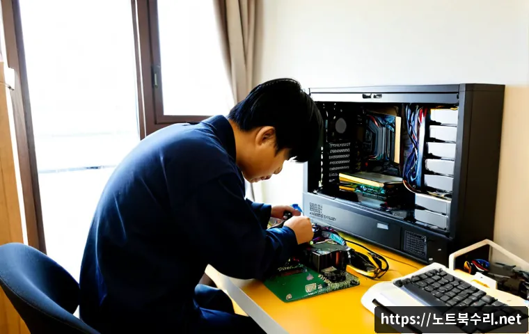 감이동 하드조립 및 교체수리 - Photorealistic computer repair workstation in a compact Gami-dong apartment office, technician caref...