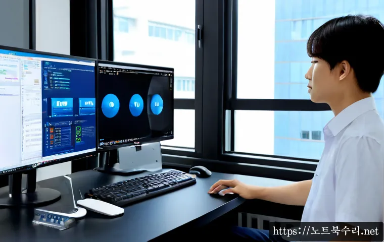 권선구 STATUS_KERNEL_MODULE_FAILURE - Photorealistic workstation in a Suwon Gwonseon-gu engineering office, dual monitors showing a blank ...
