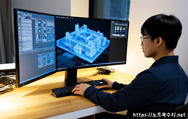 문학동 CLOCK_WATCHDOG_TIMEOUT - Photorealistic modern workstation in a Munhak-dong design studio, dual monitors showing an intricate...