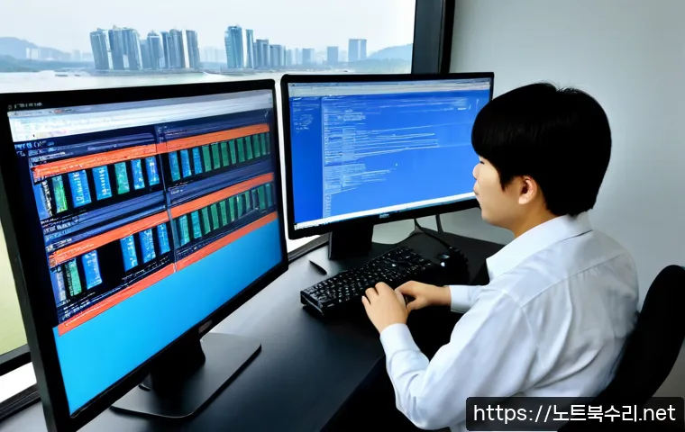 당산동 STATUS_STACK_UNDERFLOW - Photorealistic IT support workstation in Dangsan-dong, Seoul, dual monitors showing abstract stacked...