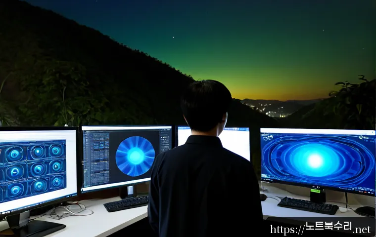 자금동 KMODE_EXCEPTION_NOT_HANDLED - Photorealistic remote IT support workstation in a compact Korean office near a quiet hillside neighb...