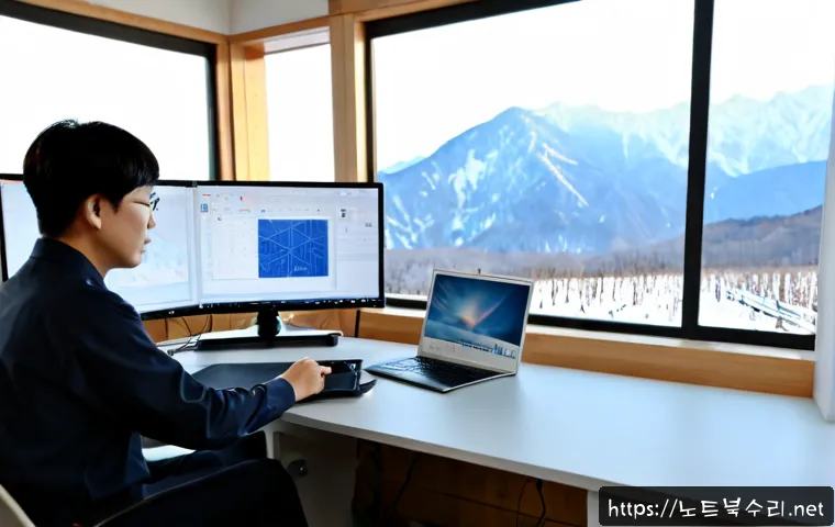 용문면 STATUS_FILE_LOCK_CONFLICT - Photorealistic remote-support workstation in a quiet rural Korean office, dual monitors displaying a...