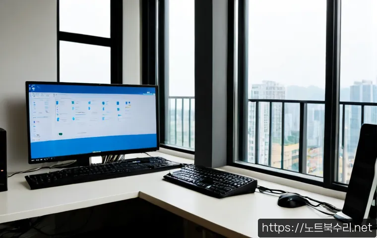 백석동 프리도스 윈도우설치 - Photorealistic remote Windows installation support scene in a tidy Baekseok-dong apartment workspace...