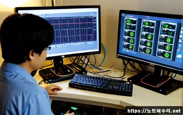 저동 HARDWARE_INTERRUPT_STORM - Photorealistic electronics repair workstation in Jeo-dong, Seoul, a compact desktop PC connected to ...