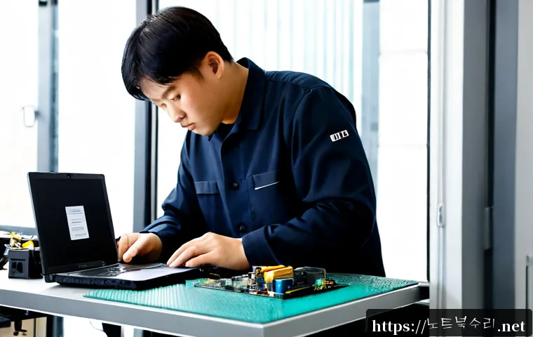 상대원동 노트북 laptop 출장방문수리점 - Photorealistic laptop on-site repair inside a compact industrial district office, technician careful...
