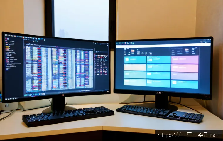 관산동 MEMORY_MANAGEMENT - Photorealistic software engineer workstation in Gwan-san-dong, dual monitors showing abstract memory...