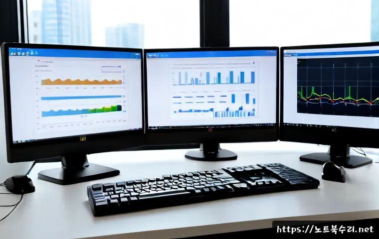 양주동 MEMORY_MANAGEMENT - Photorealistic IT support workstation in a modern Yangju-dong office, dual monitors showing abstract...