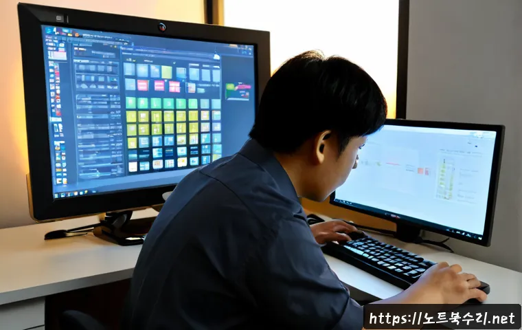 송파동 STATUS_MODULE_ACCESS_DENIED - Photorealistic remote-support workstation in a modern Songpa apartment office, frustrated technician...