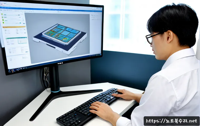 삼숭동 THREAD_TERMINATION_PORT - Photorealistic premium workstation in a Samseong-dong high-rise office, engineer examining a compact...