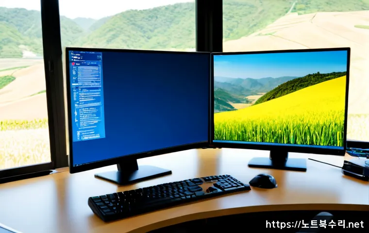 은현면 PAGE_FAULT_IN_NONPAGED_AREA - Photorealistic IT support workstation in a compact rural Korean office, dual monitors showing a clea...