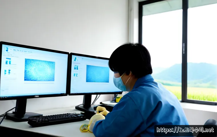 양감면 악성코드 바이러스 - Photorealistic IT technician disinfecting a malware-infected desktop workstation in a quiet rural in...