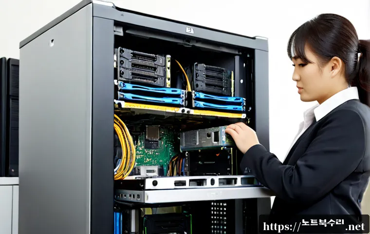 성사동 ftp서버출장방문수리점 - Photorealistic onsite FTP server repair in a compact Seongsa-dong office, technician connecting a la...