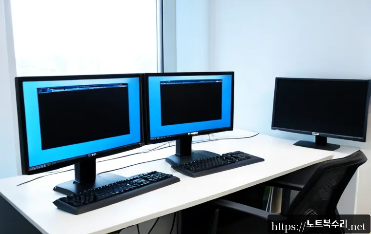 일산동구 WIN32K_POWER_WATCHDOG_TIMEOUT - Photorealistic IT support workstation in a modern Ilsandong-gu design office, dual monitors with one...