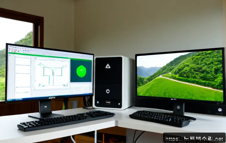 강상면 STATUS_FILE_WRITE_FAILURE - Photorealistic remote-support workstation in a quiet riverside village home, dual monitors showing a...
