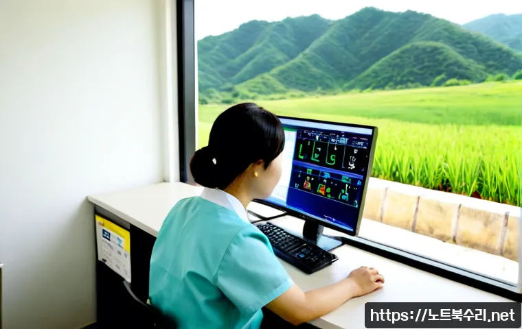 산북면 USER_MODE_HEALTH_MONITOR - Photorealistic rural health monitoring workstation in a quiet Korean county clinic, desktop computer...
