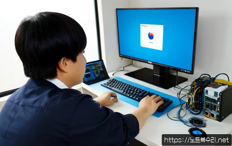 김포시 pc에 문제가 발생하여 다시 시작해야 합니다 - Photorealistic PC repair scene in a modern Gimpo home office, desktop monitor showing a blank blue s...