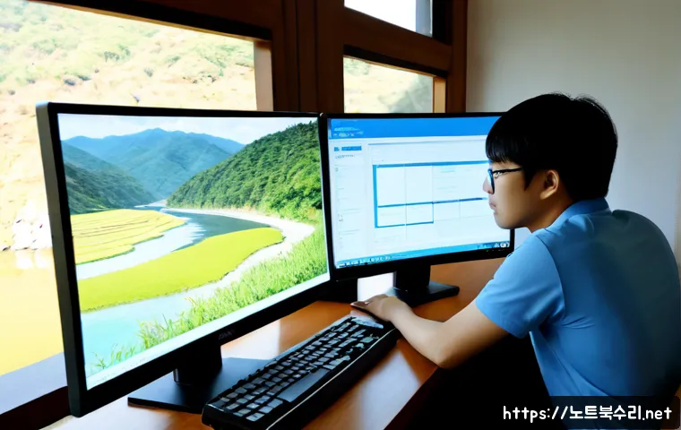 강상면 POOL_HEADER_CORRUPTION - Photorealistic remote-support workstation in a quiet rural Korean riverside office, dual monitors sh...