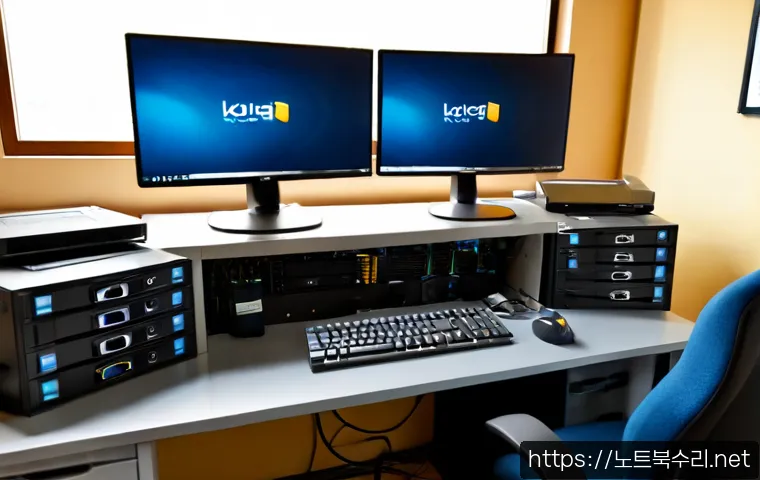소공동 centos재설치 포맷 초기화 - Photorealistic IT support workstation in a refined Sokong-dong office, dual monitors showing a clean...