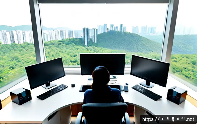 성복동 STATUS_IMAGE_NOT_FOUND - Photorealistic remote IT support workstation in a bright high-rise apartment overlooking gentle wood...