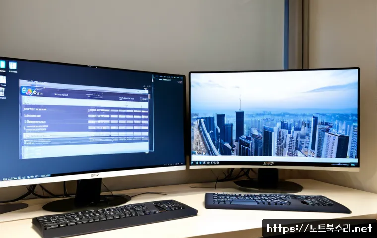 세류동 DEVICE_DRIVER_MISMATCH - Photorealistic IT support workstation in a compact Seoryu-dong office, dual monitors showing a clean...