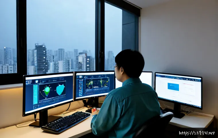사당동 STATUS_KERNEL_CONNECTION_TIMEOUT - Photorealistic IT support workstation in a compact Sadang-dong apartment office, dual monitors showi...
