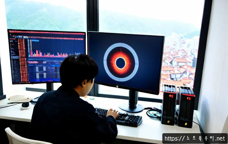 적선동 STATUS_KERNEL_DISK_ERROR - Photorealistic IT support workstation in a compact Jongno district office, ultrawide monitor showing...
