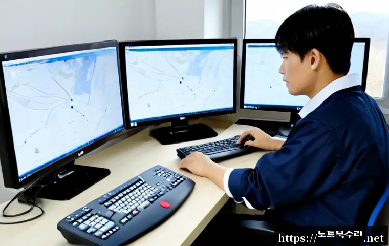 서운면 STATUS_KERNEL_CONNECTION_TIMEOUT - Photorealistic remote-support workstation in a quiet rural Korean office, dual monitors showing a bl...