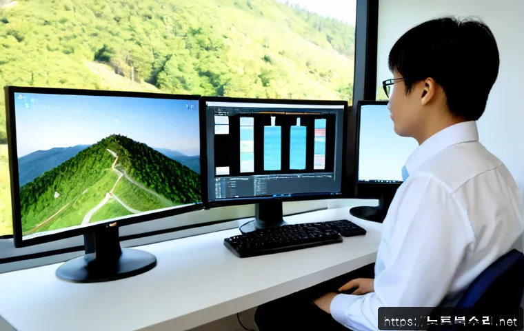 청평면 INTERNAL_POWER_ERROR - Photorealistic IT support workstation in a quiet lakeside township office, dual monitors showing abs...