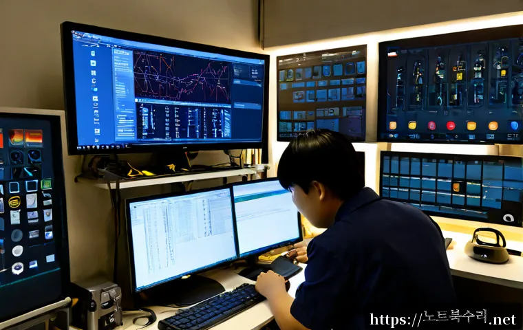 예지동 STATUS_KERNEL_BLOCKED - Photorealistic IT support workstation inside a compact Eulji-dong metalworking office, technician st...