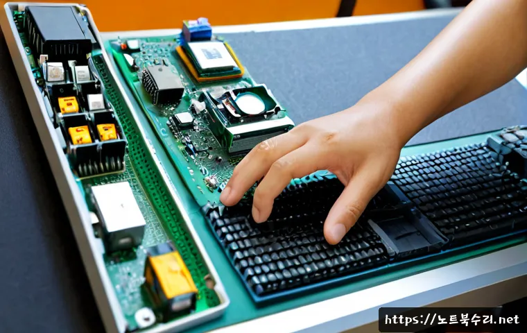 포동 맥미니 판매 및 수리 - Photorealistic compact computer repair workshop in Podong, a technician carefully replacing componen...