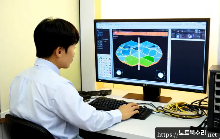 남창동 STATUS_KERNEL_POWER_FAILURE - Photorealistic remote IT support workstation in a compact Namchang-dong office, dual monitors showin...