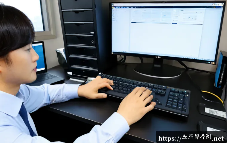 남영동 STATUS_DISK_NOT_INITIALIZED - Photorealistic IT support workstation in Namyeong-dong, Seoul, dual monitors showing a clean unlabel...