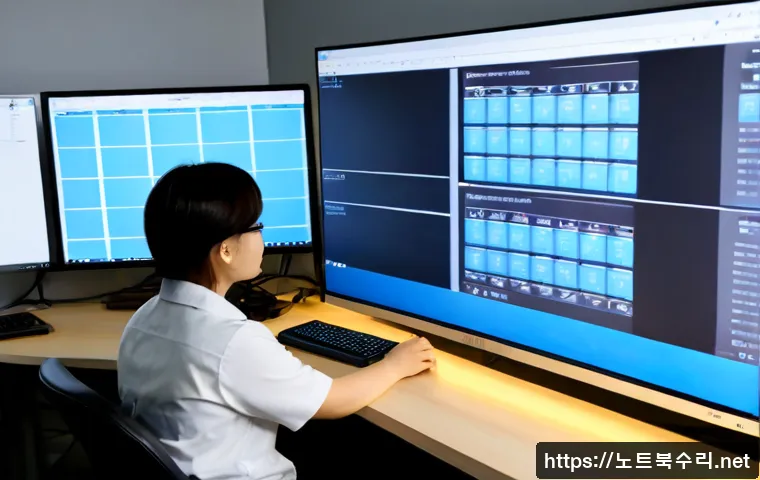 상사창동 케이블연결확인 - Photorealistic IT support technician inspecting Ethernet and power cable connections behind a dual-m...