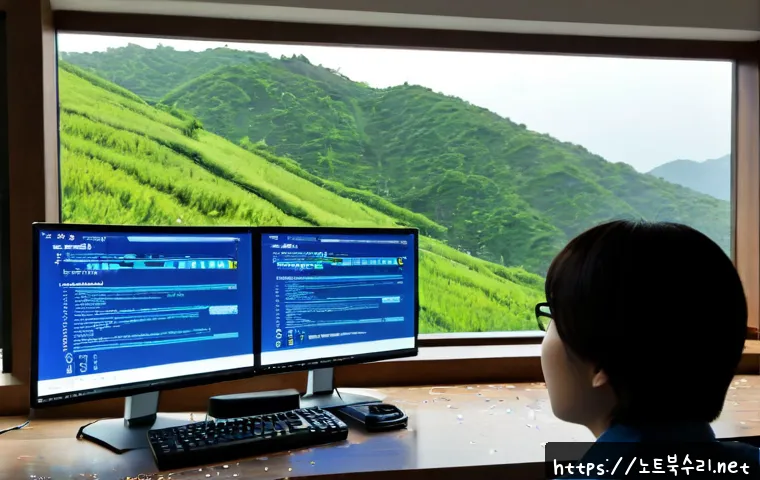 부암동 DRIVER_VERIFIER_DETECTED_VIOLATION - Photorealistic IT support workstation in a quiet Buam-dong hillside apartment, dual monitors showing...