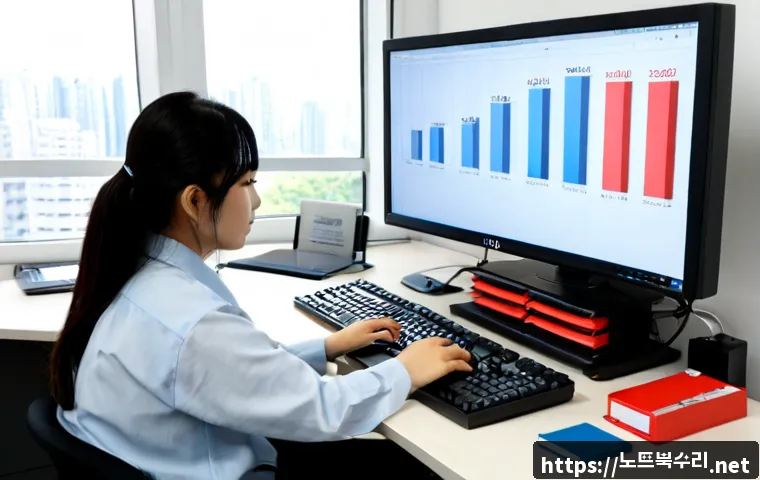 강동구 STATUS_DISK_FULL - Photorealistic compact IT support workstation in a modern Gangdong office, desktop monitor showing a...