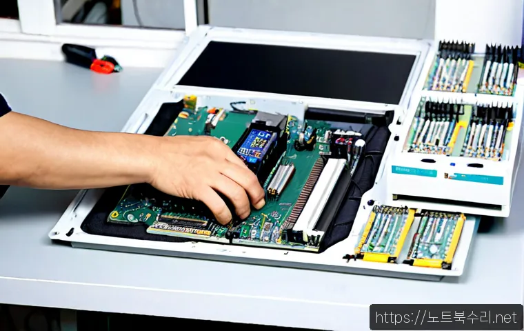 신현원창동 메인보드조립 및 교체수리 - Photorealistic electronics repair bench in a compact Incheon neighborhood workshop, technician caref...