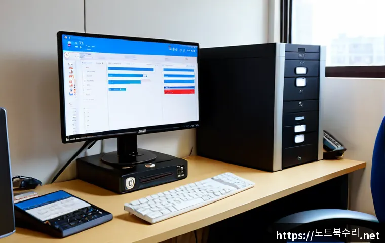 창전동 STATUS_DISK_FULL - Photorealistic remote-support workstation in a compact Changjeon-dong apartment office, desktop moni...