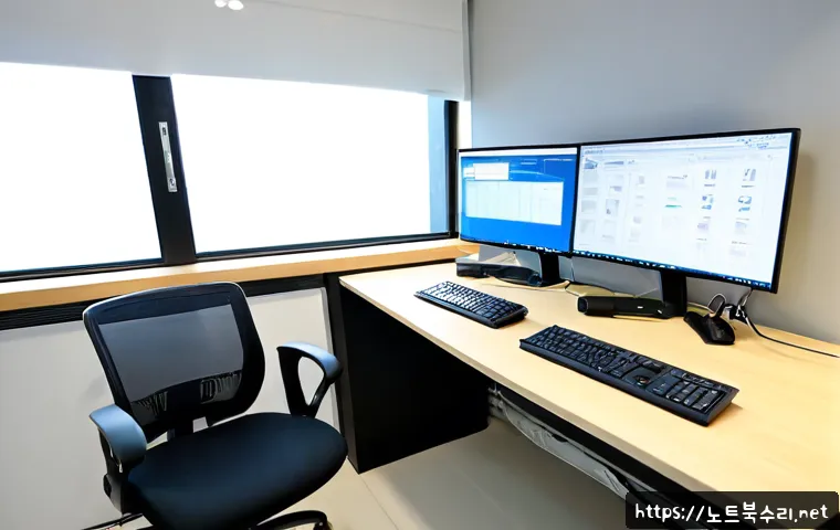 신설동 VENDOR_DEFINED_ERROR - Photorealistic IT support workstation in a compact modern office near Sinseol-dong, dual monitors sh...