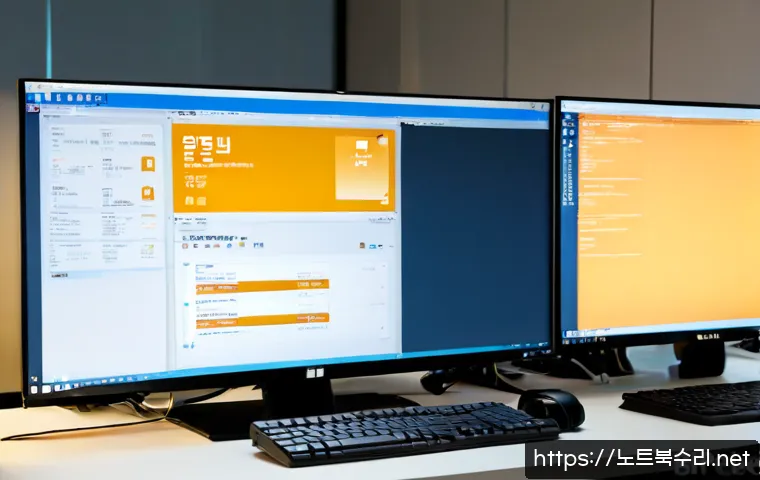 팽성읍 STATUS_FILE_NOT_FOUND - Photorealistic IT support workstation in a modern office near Pyeongseong-eup, dual monitors showing...
