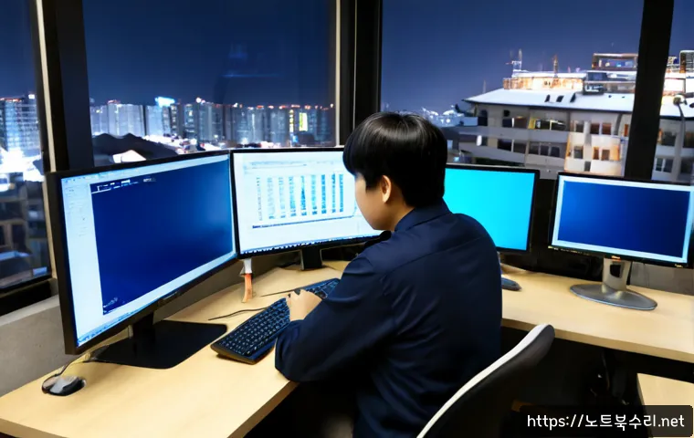 검산동 STATUS_KERNEL_THREAD_FAILURE - Photorealistic IT support workstation in a compact Korean office, dual monitors showing a blank deep...