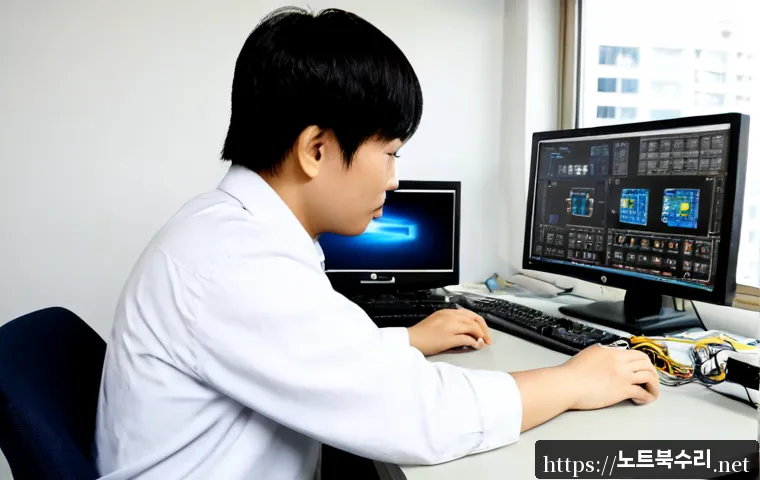 황계동 HARDWARE_FAILURE - Photorealistic IT support workstation in a compact Hwanggye-dong electronics repair office, desktop ...