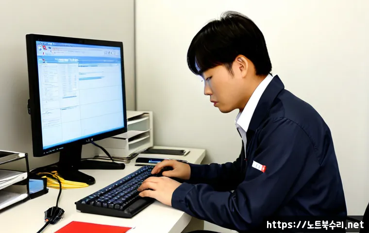 초월읍 STATUS_IO_ERROR - Photorealistic IT support workstation in a quiet semi-rural Korean office, desktop monitor showing a...