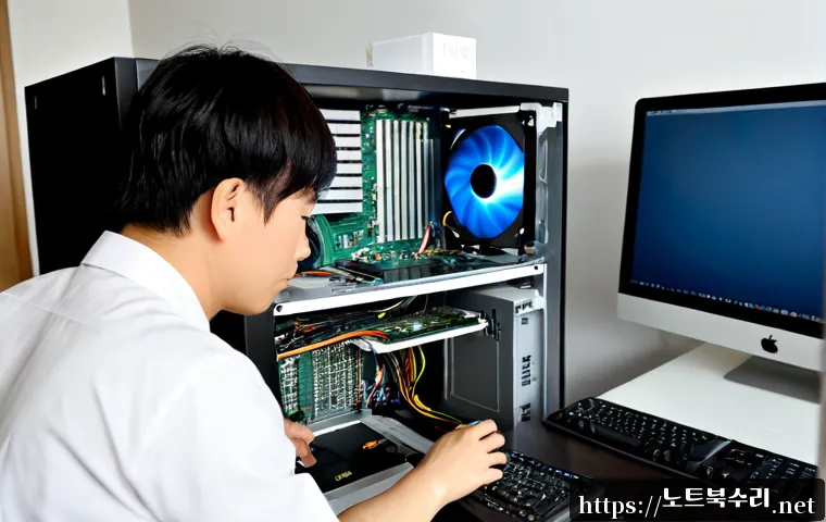 봉익동 워크스테이션출장방문수리점 - Photorealistic on-site workstation repair in a compact Bongik-dong apartment office, technician care...