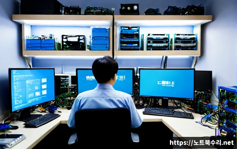 원효로 블루스크린 - Photorealistic IT support workstation in a compact Wonhyo-ro electronics repair office, dual desktop...