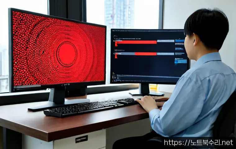 범박동 STATUS_INVALID_PAGE - Photorealistic IT support workstation in a compact Korean apartment office, dual monitors displaying...