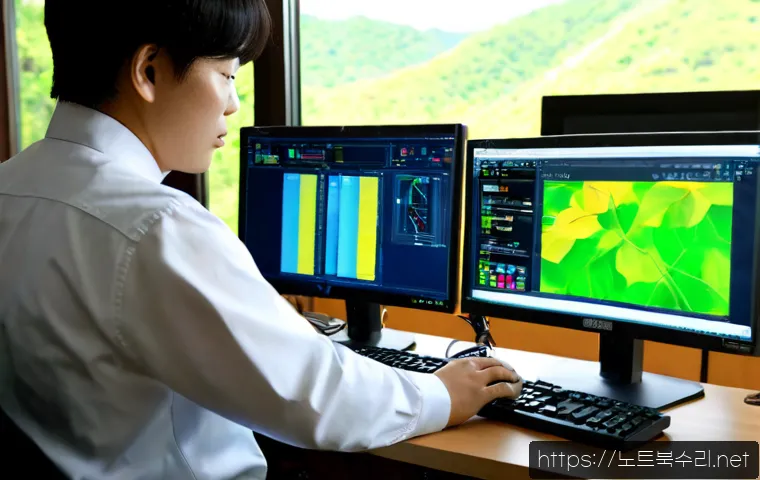 백학면 STATUS_KERNEL_HANDLE_INVALID - Photorealistic IT support workstation in a quiet rural Korean office, dual monitors showing abstract...