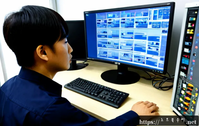 통복동 STATUS_KERNEL_THREAD_INTERRUPTED - Photorealistic IT support workstation in a compact Tongbok-dong office, technician examining a dual-...