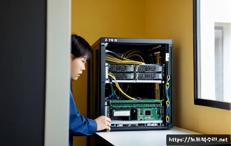 본오동 ftp서버출장방문수리점 - Photorealistic IT technician repairing a compact rack-mounted file server in a small apartment-offic...