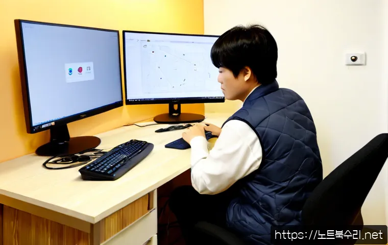 돈암동 STATUS_PRIVILEGED_INSTRUCTION - Photorealistic remote-support workstation in a compact Donam-dong apartment office, dual monitors sh...